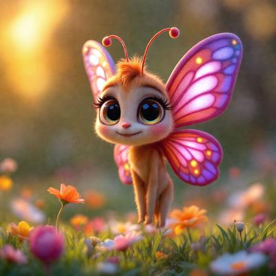 The primary subject of the image is a small, colorful butterfly with a big smile on its face. It is standing in a field of flowers, which serves as the setting and background of the scene. The visual style of the image is a combination of photo and digital art, creating a vibrant and lively atmosphere. The colors and mood of the image are predominantly bright and cheerful, with the butterfly's smile and the flowers' vivid colors contributing to the overall positive and uplifting mood.